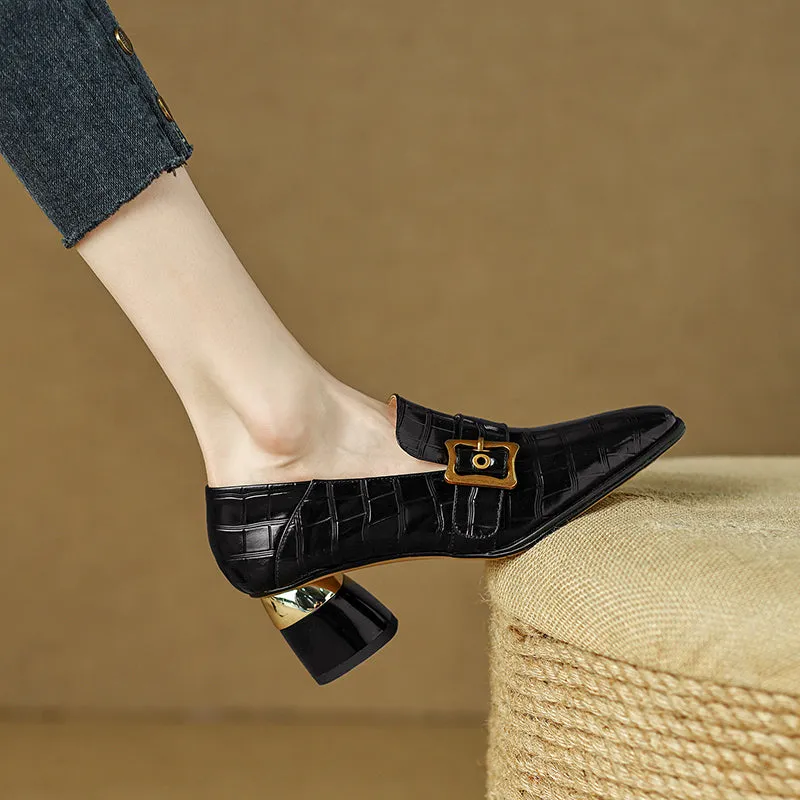 Israa Crocodile Mid Heel Loafers Black