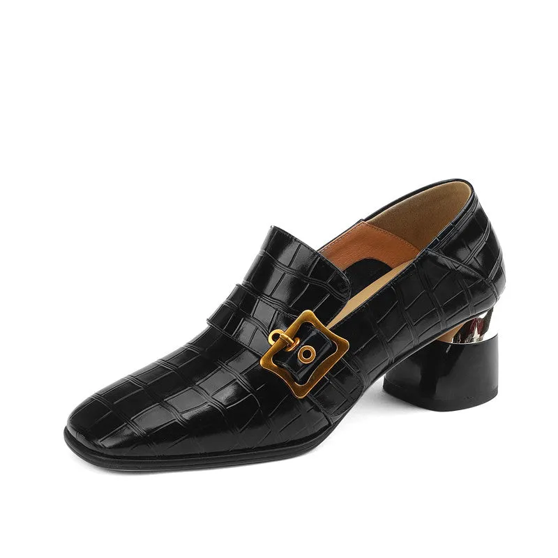 Israa Crocodile Mid Heel Loafers Black