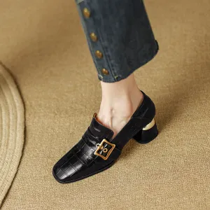 Israa Crocodile Mid Heel Loafers Black