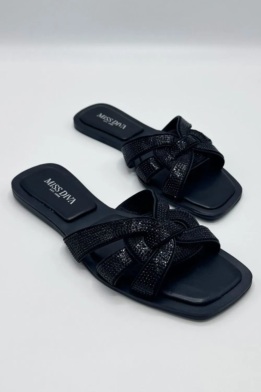 Izma Diamante Embellished Square-Toe Sliders in Black