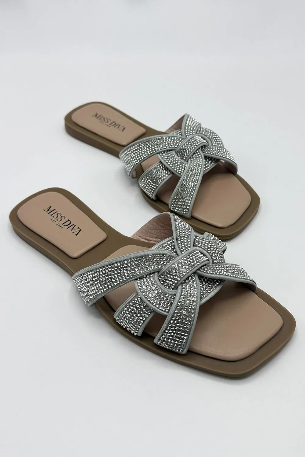 Izma Diamante Embellished Square-Toe Sliders in Silver