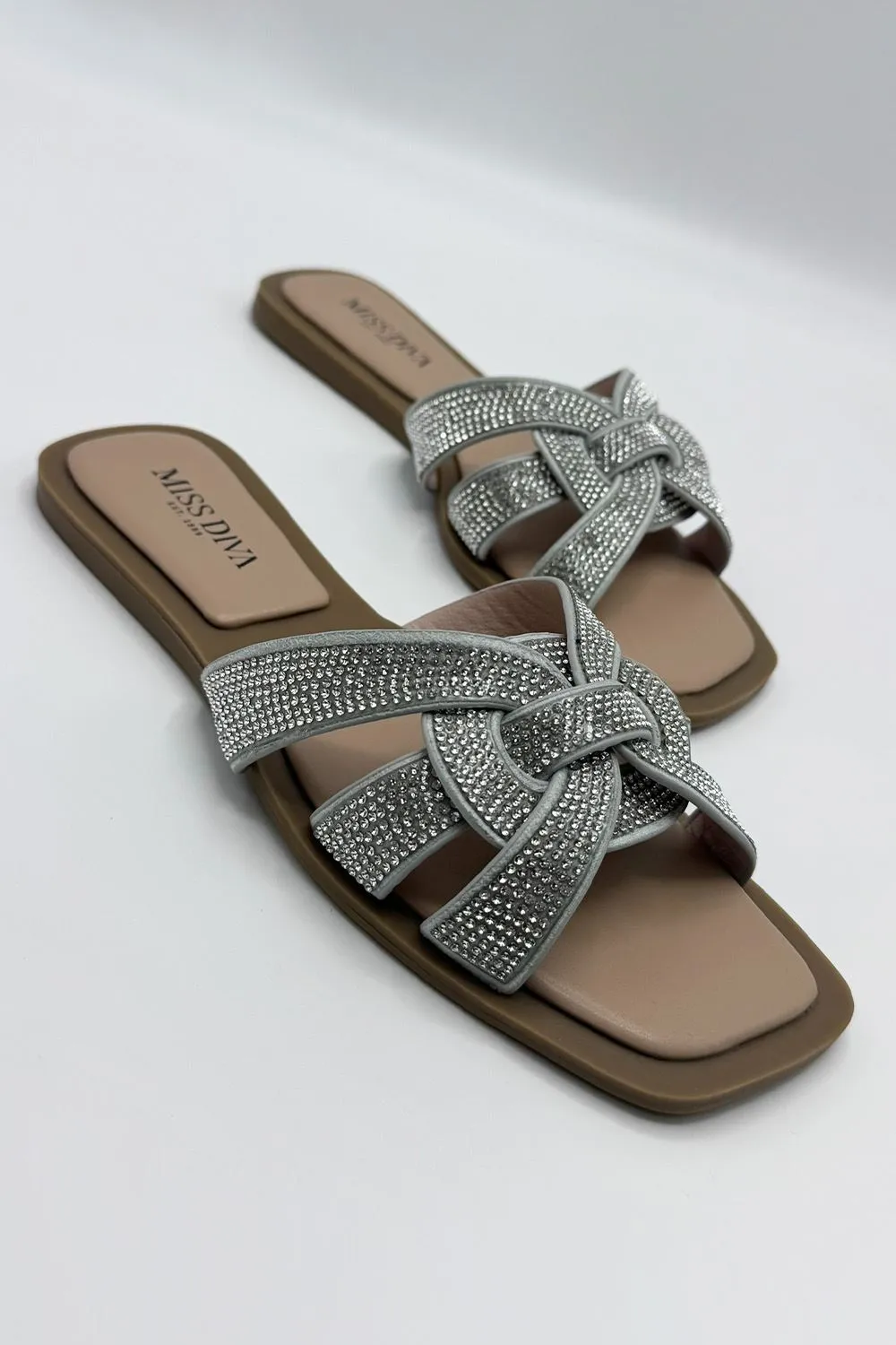 Izma Diamante Embellished Square-Toe Sliders in Silver