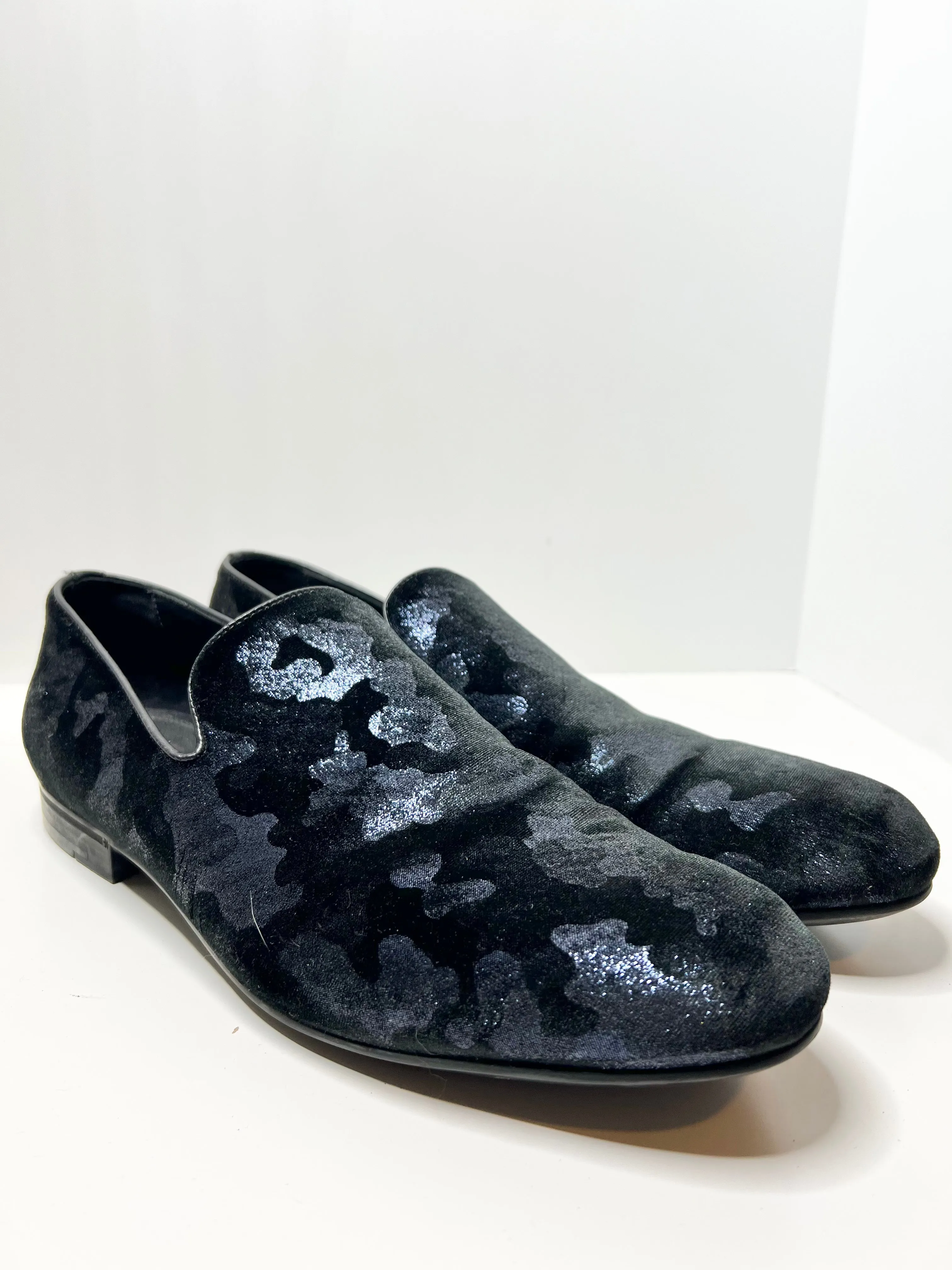 Jimmy Choo Men's Sloane Blue Camouflage Glitter Velvet Loafers (EU46/US12)