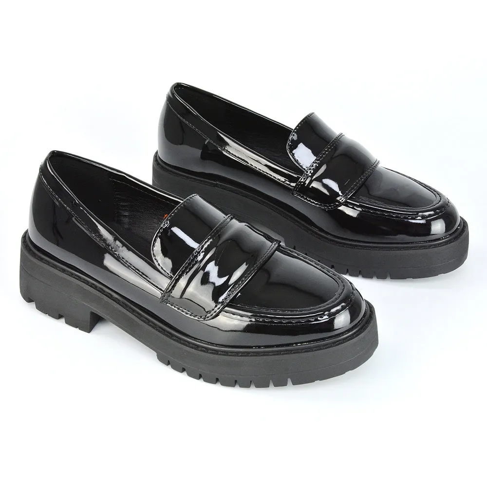 Kourtney Chunky Sole Slip on School Shoes Smart Flat Loafers in Black Patent