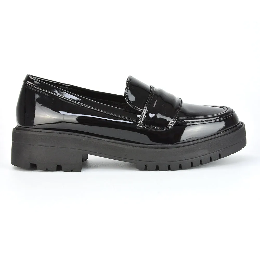 Kourtney Chunky Sole Slip on School Shoes Smart Flat Loafers in Black Patent