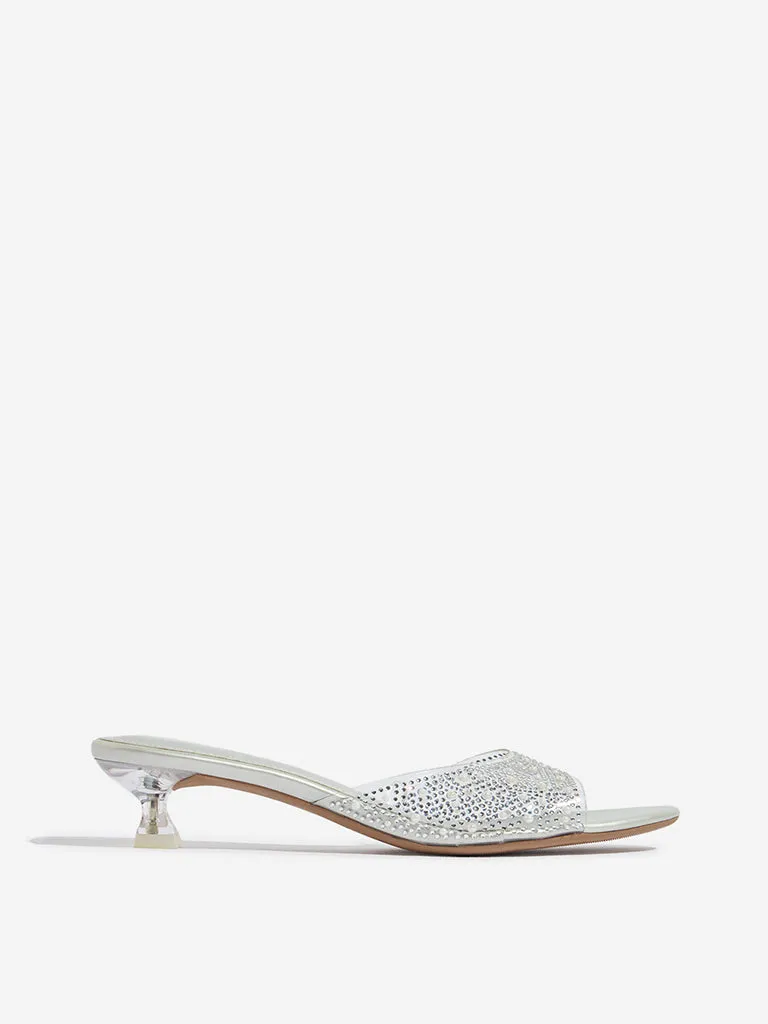 LUNA BLU Silver Embellished Vinyl Strap Heel Sandals