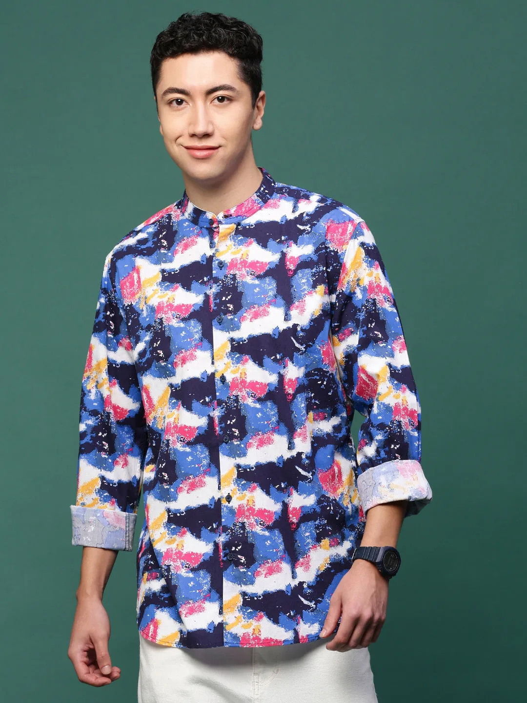 Men Blue Abstract Slim Fit Shirt