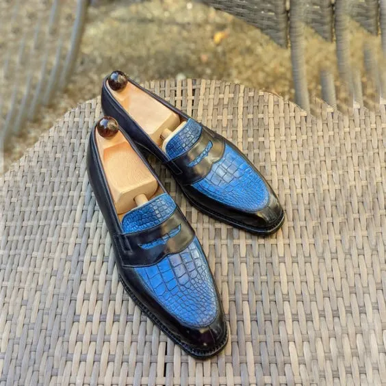 Men's Genuine Black & Blue Leather Penny Loafers