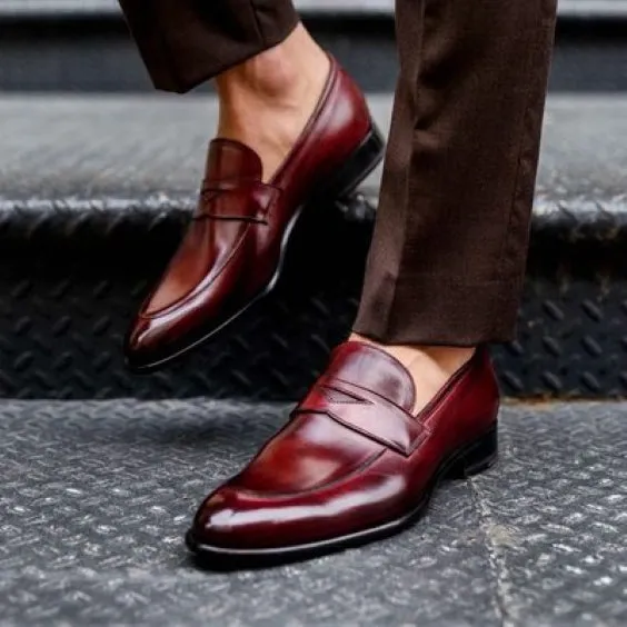 Men's Handmade Ox-Blood Patina Leather Penny Loafers