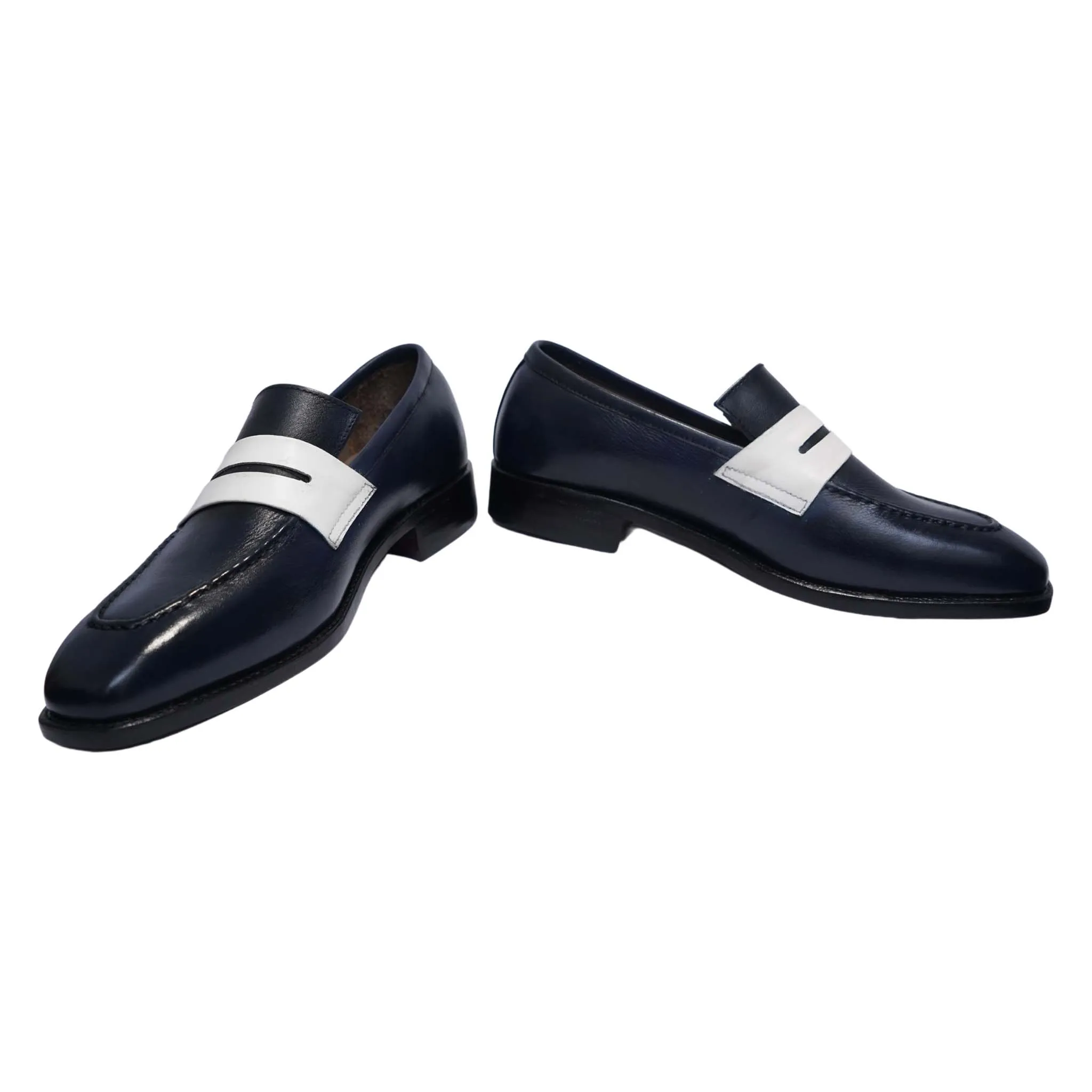 Men's Navy Blue & White Leather Penny Loafers