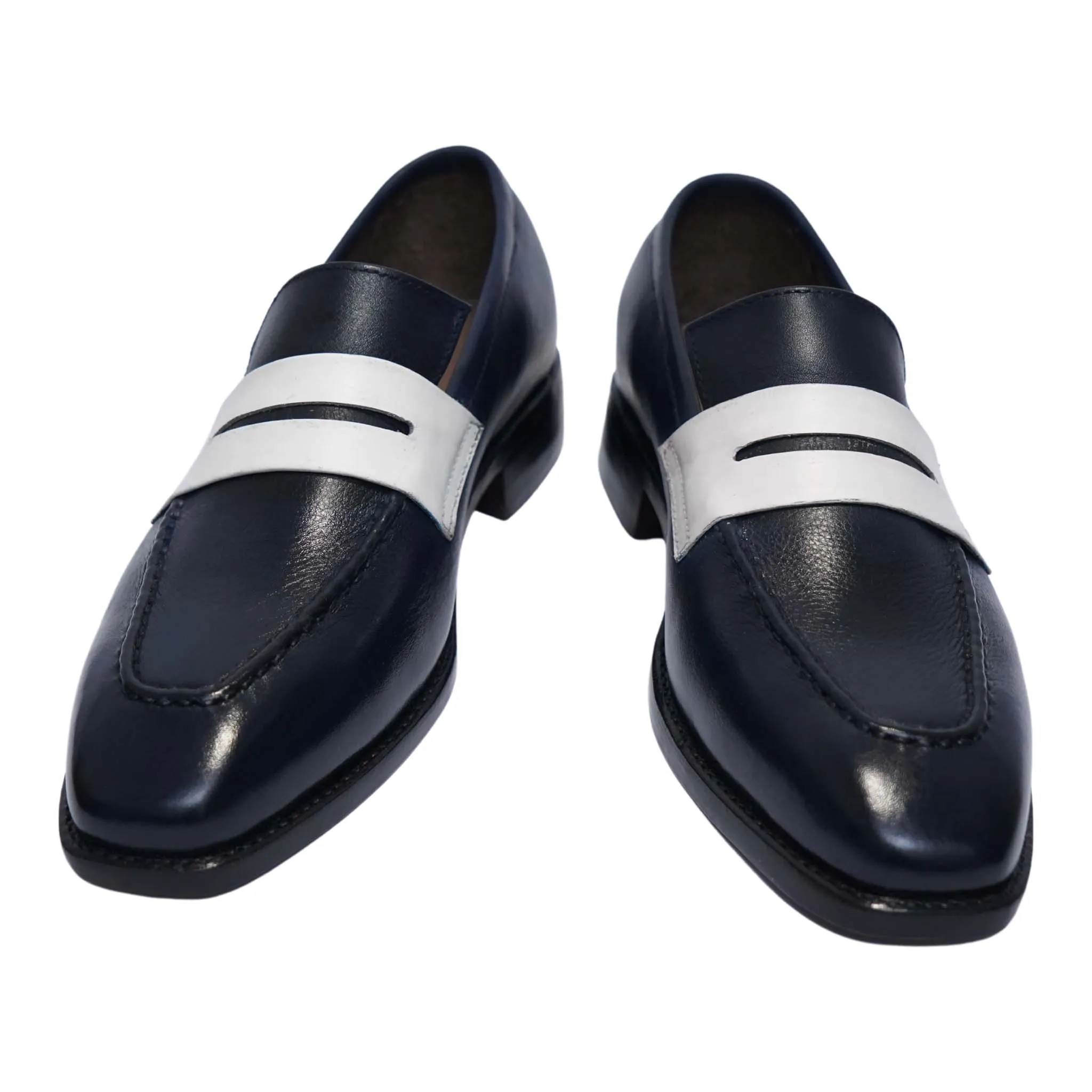 Men's Navy Blue & White Leather Penny Loafers