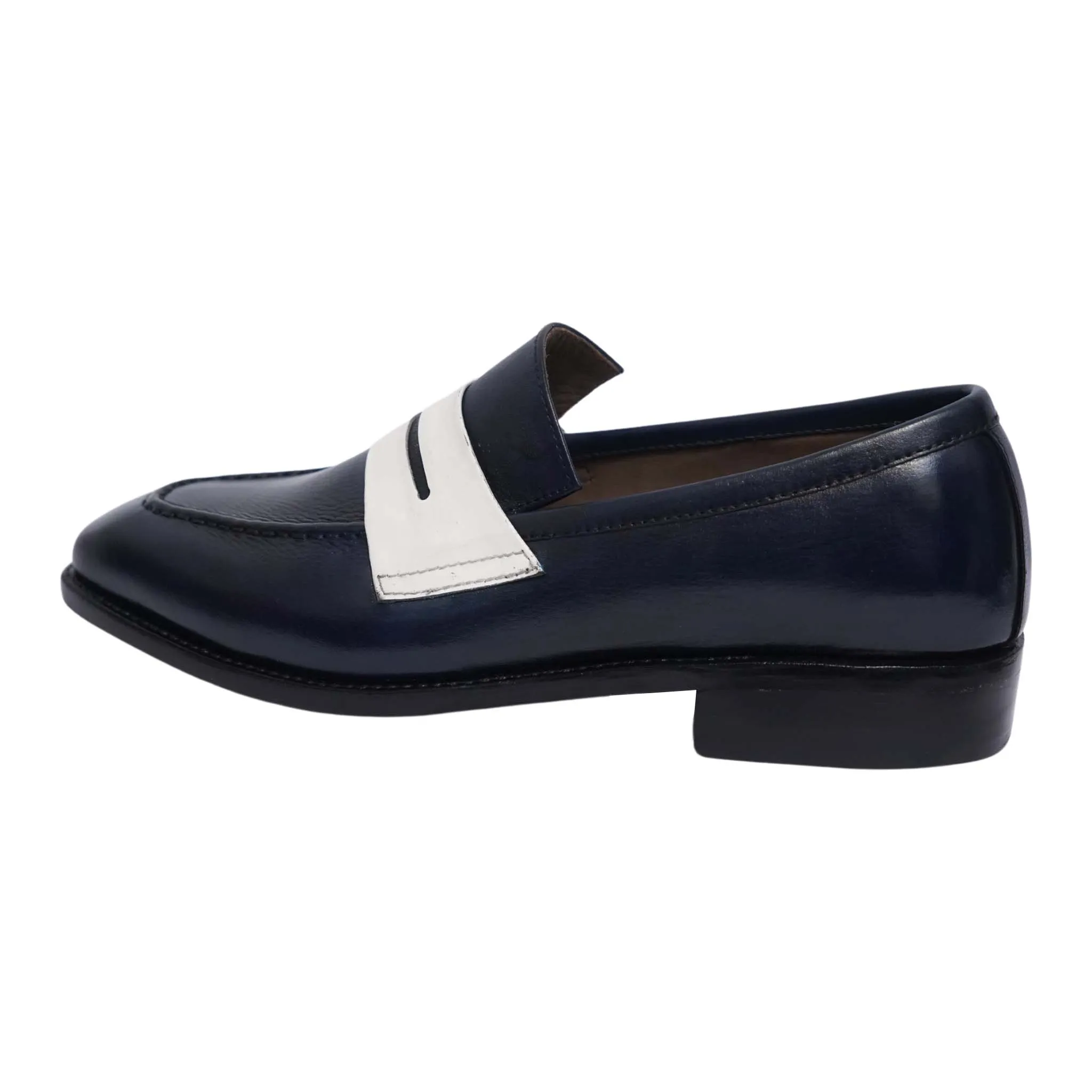 Men's Navy Blue & White Leather Penny Loafers