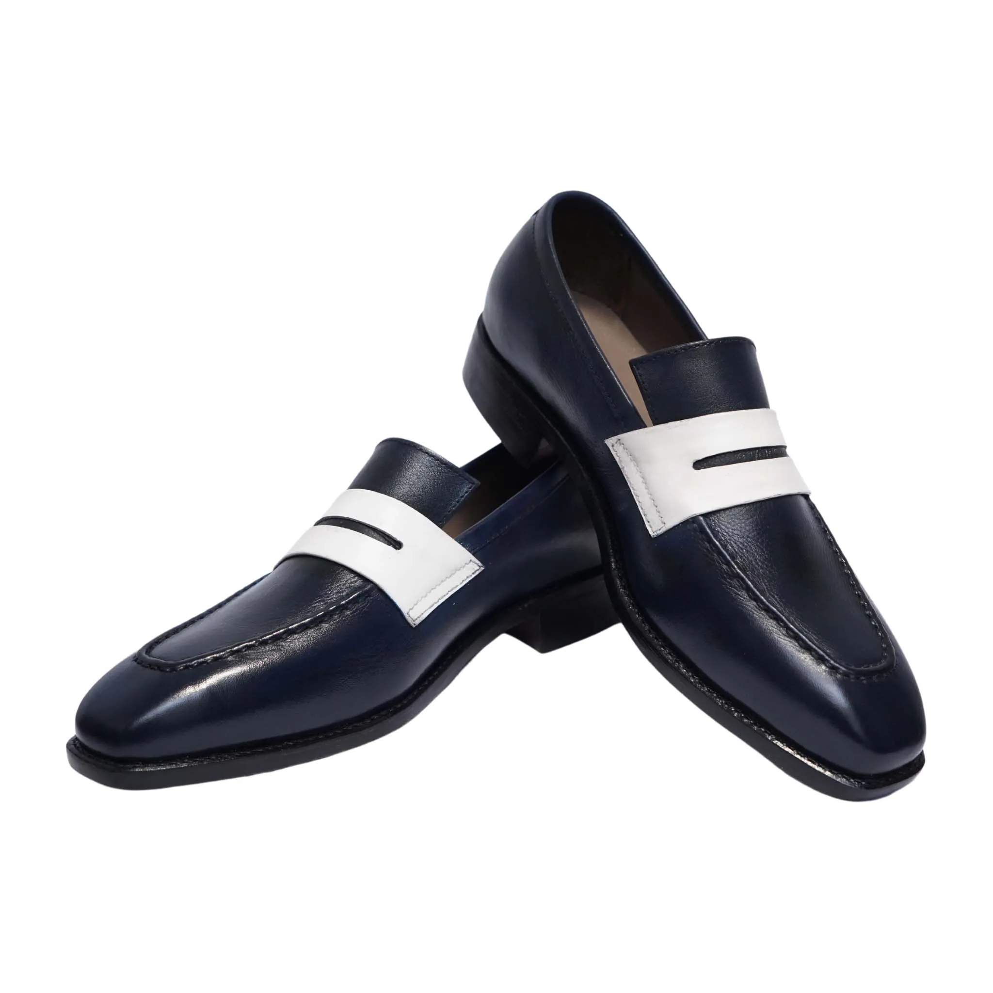 Men's Navy Blue & White Leather Penny Loafers