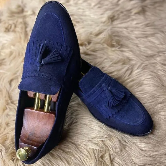 Men's Navy Blue Suede Fringed Tassel Loafers