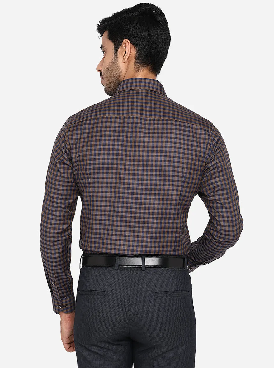 Navy Blue & Beige Checked Slim Fit Formal Shirt | Greenfibre