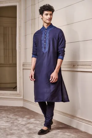 Navy Kurta Set with Embroidered Collar and Placket