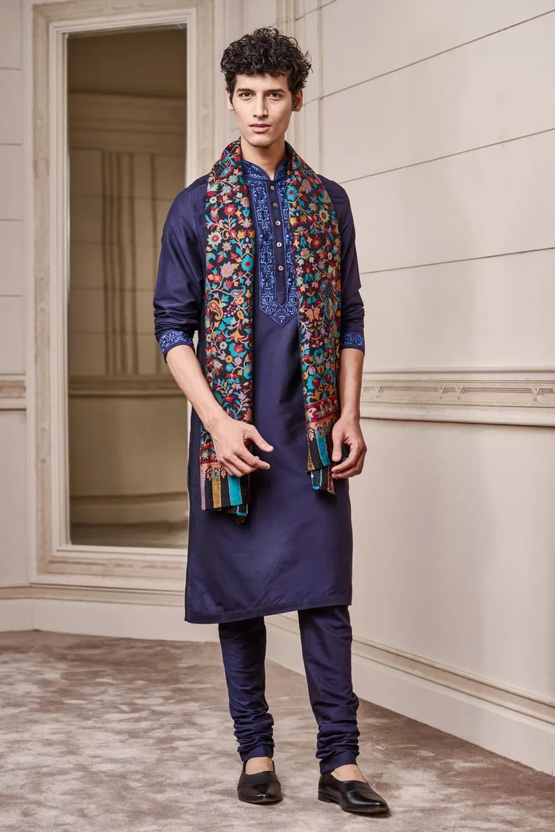 Navy Kurta Set with Embroidered Collar and Placket