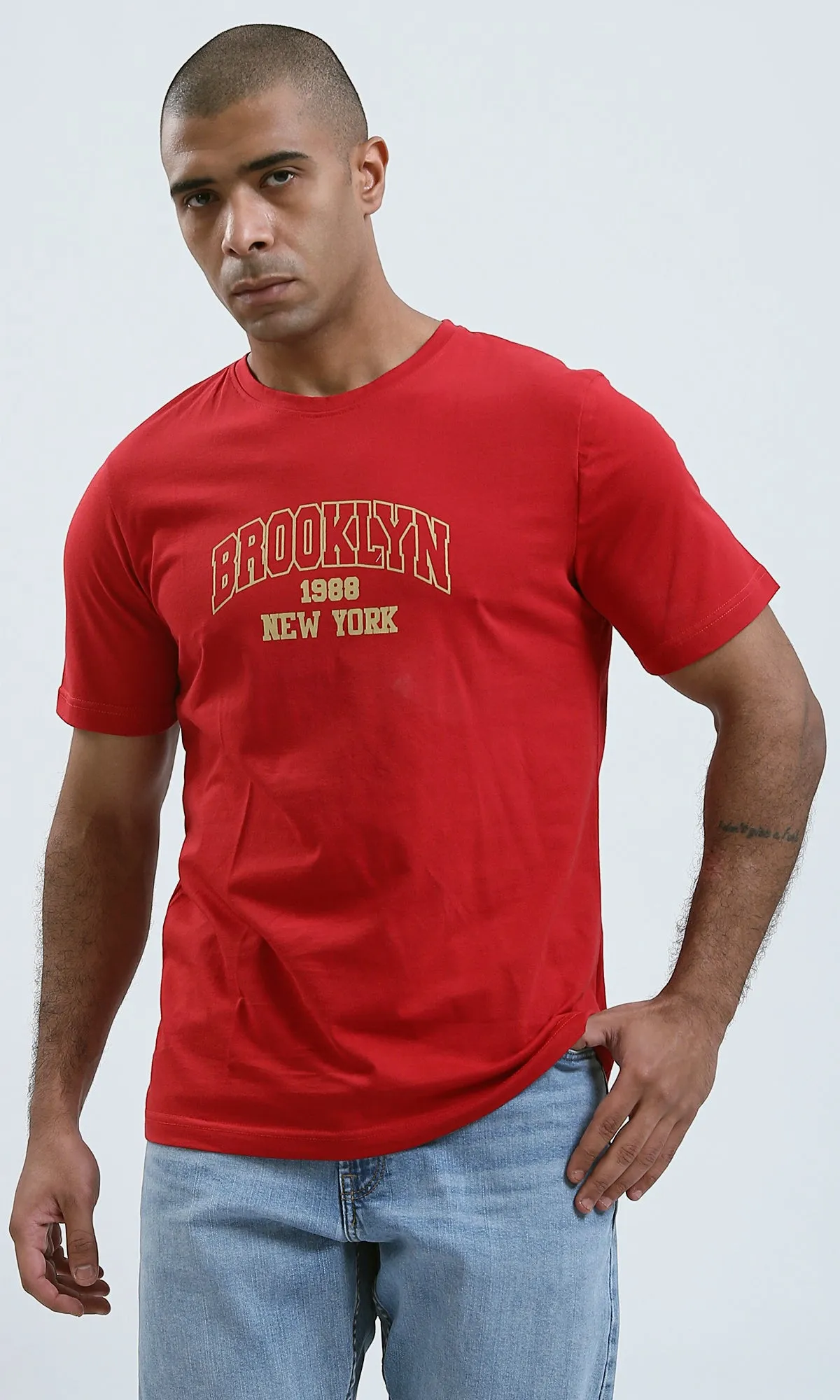 O182390 Casual Printed "Brooklyn" Red Tee