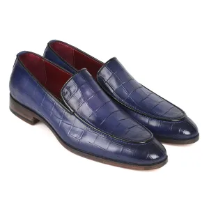 Paul Parkman 7339-BLU Men's Shoes Blue Crocodile Print / Calf-Skin Leather Slip-On Loafers (PM6383)