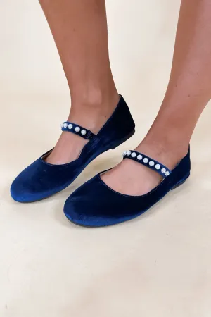 Pearl Studded Corkys Velvet Ballet Flats in Electric Blue