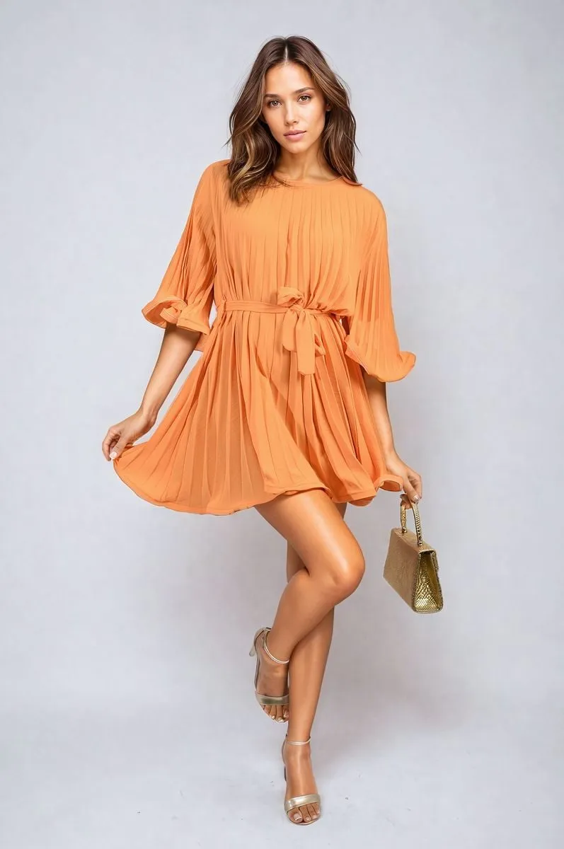 Pleated Tie Waist Mini Dress