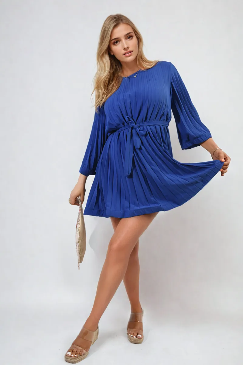 Pleated Tie Waist Mini Dress