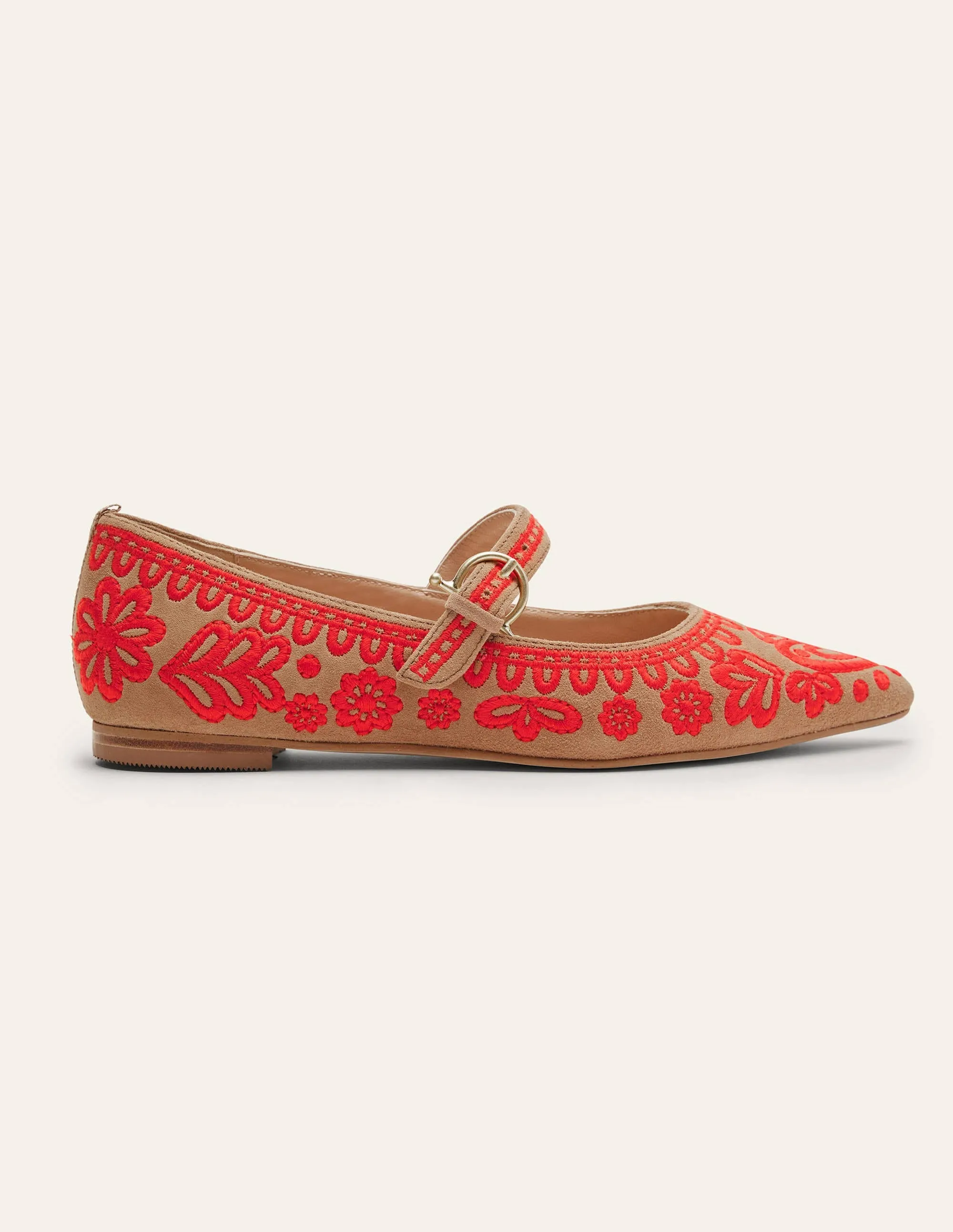 Pointed Toe Mary Jane Shoes-Acorn/Embroidery