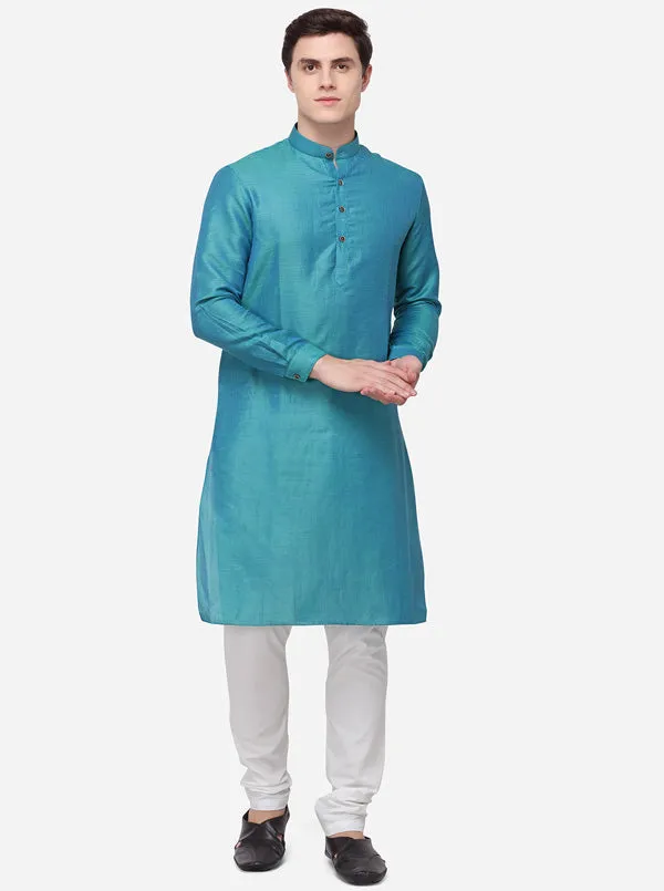 Prussian Blue Self Textured Regular Fit Modi Kurta | JadeBlue