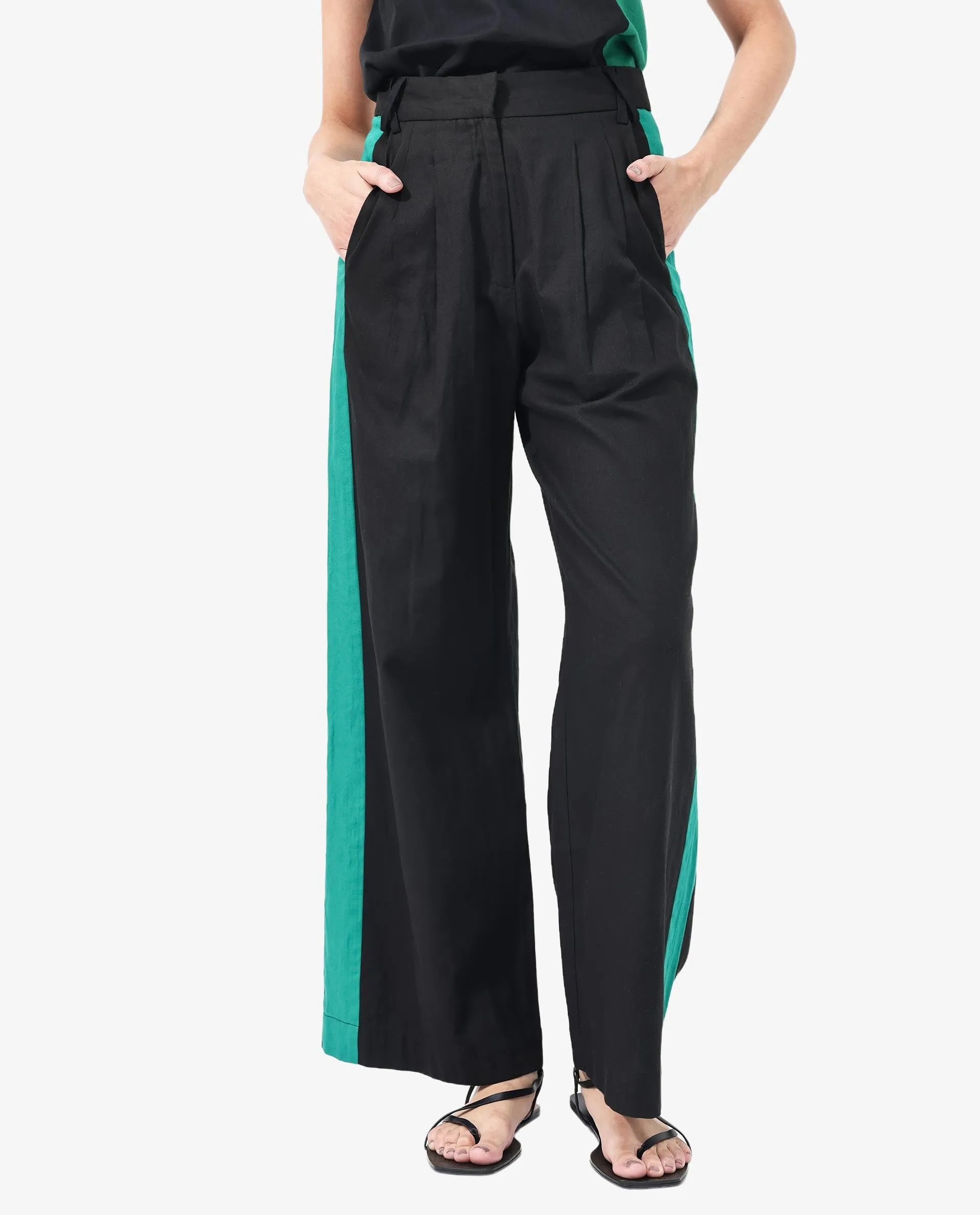 Rareism Women Caruana-B Black Cotton Fabric Co-Ord Color Block Trouser