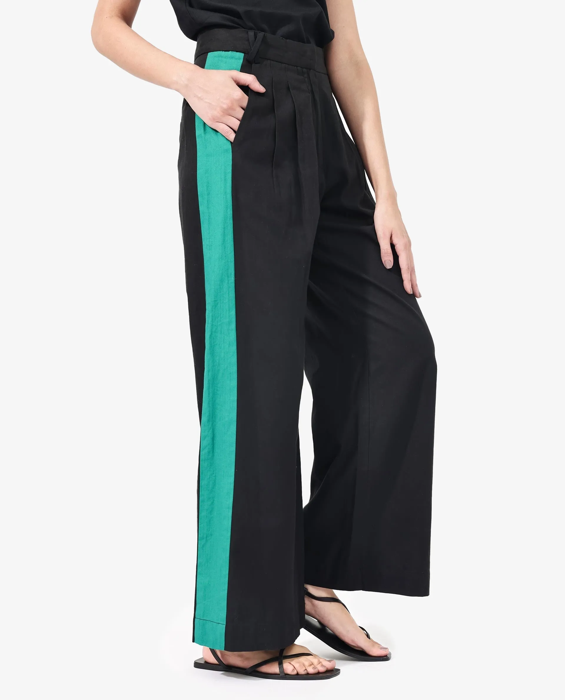 Rareism Women Caruana-B Black Cotton Fabric Co-Ord Color Block Trouser