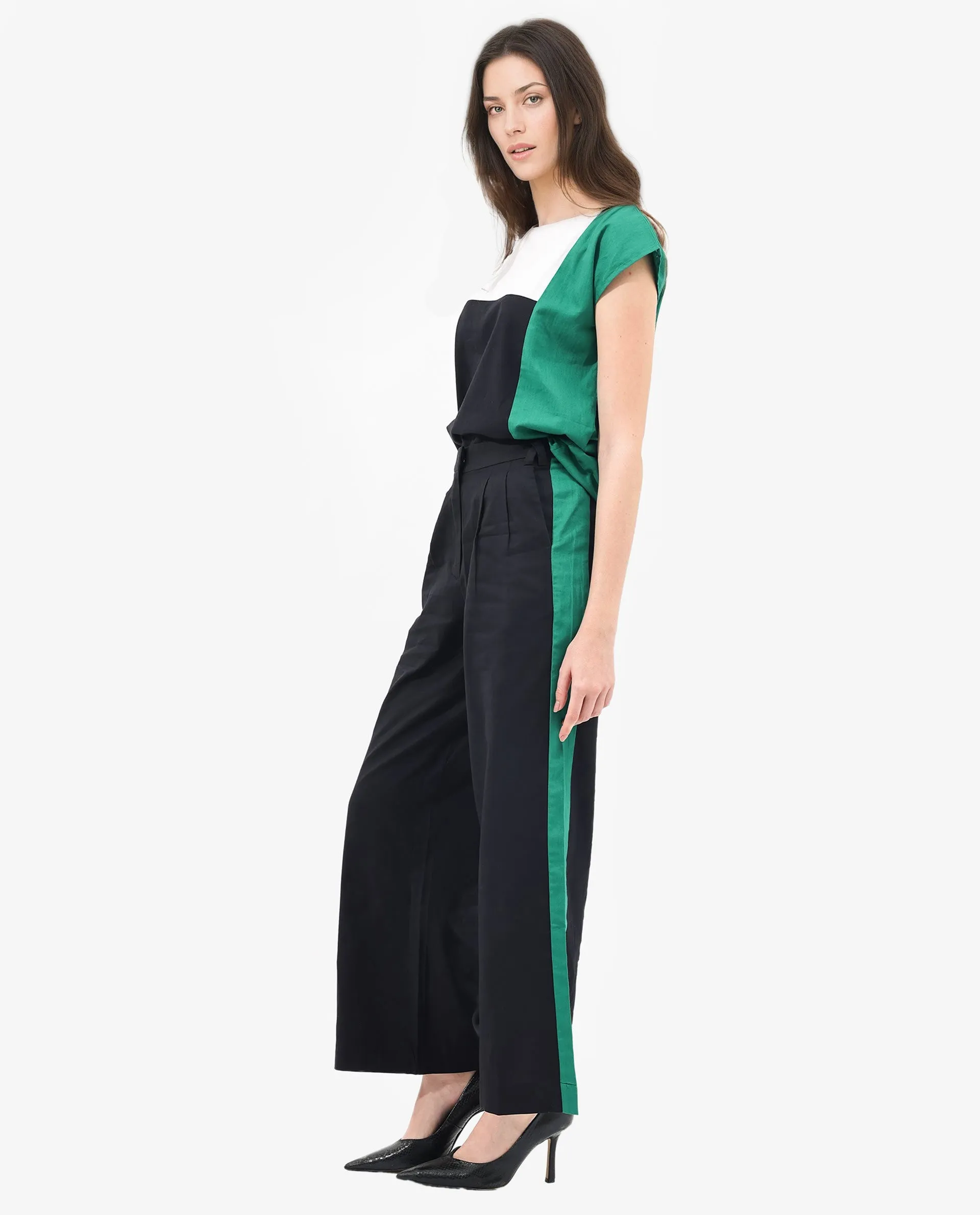 Rareism Women Caruana-B Black Cotton Fabric Co-Ord Color Block Trouser