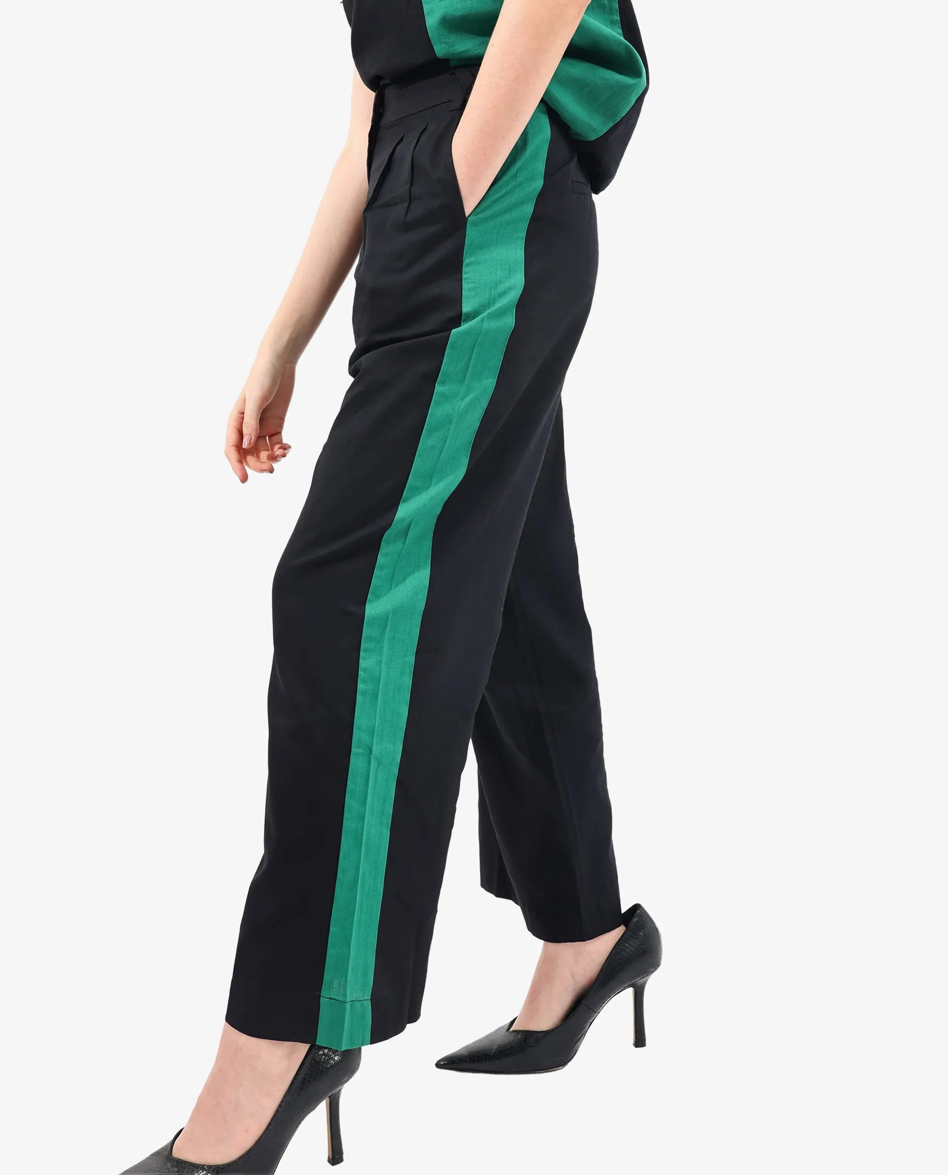 Rareism Women Caruana-B Black Cotton Fabric Co-Ord Color Block Trouser