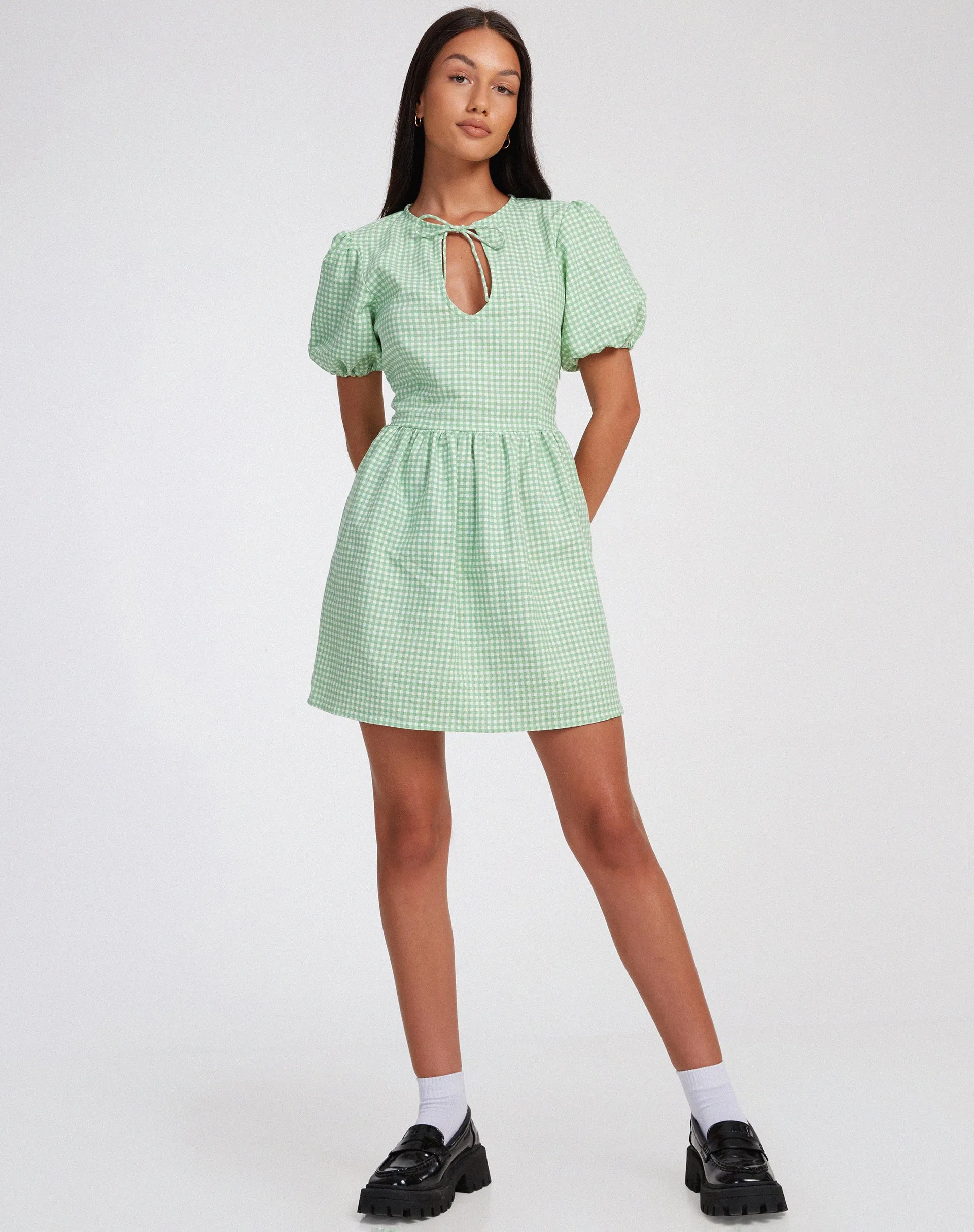 Sashio Mini Dress in Mini Gingham Green