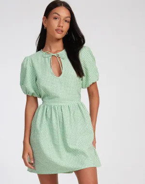 Sashio Mini Dress in Mini Gingham Green