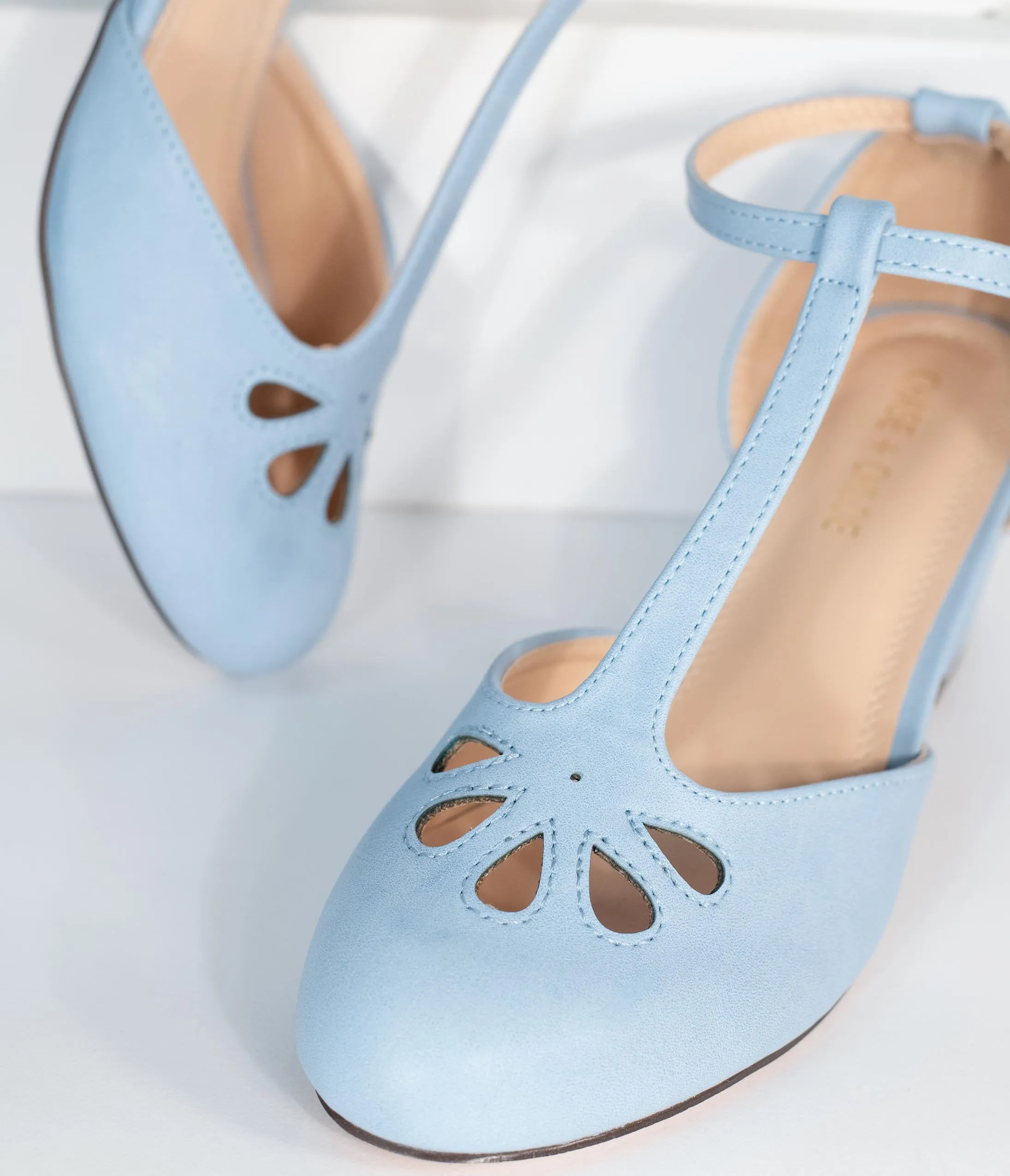 Sky Blue Leatherette Minny T-Strap Heels