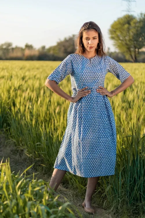 Sootisyahi 'Sea Blue' Azofree Handblock Printed Pure Cotton Dress