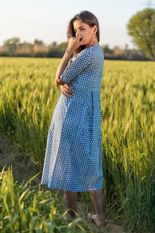 Sootisyahi 'Sea Blue' Azofree Handblock Printed Pure Cotton Dress