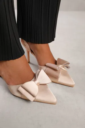 SPAIN WIDE FIT POINTED TOE WITH DIAMANTE BOW DETAILING SLINGBACK MID HEELS IN CREAM SATIN