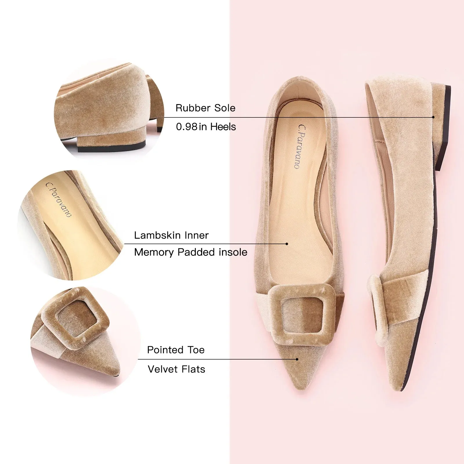 Square Buckle Velvet Flats (Aida) Camel