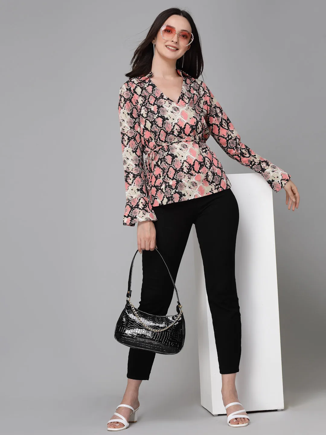 Style Quotient Women Pink And Black Animal Printed Polyester Smart Casual Top