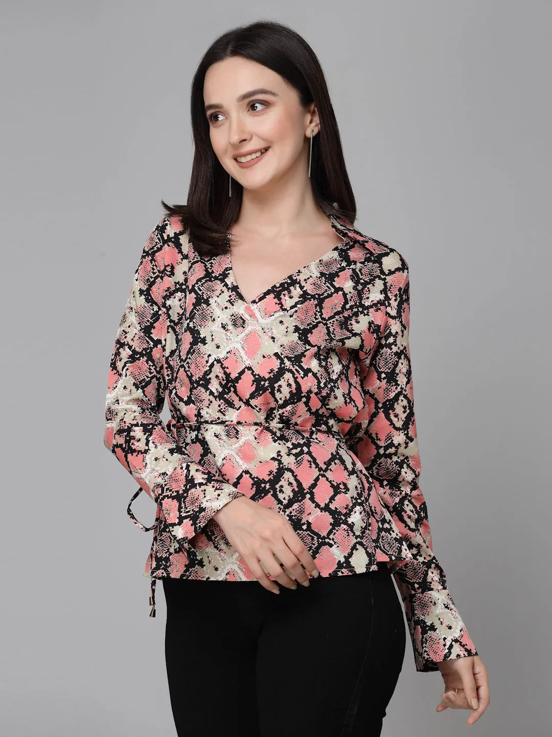 Style Quotient Women Pink And Black Animal Printed Polyester Smart Casual Top