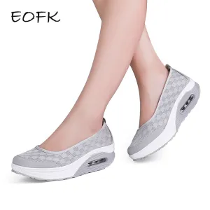 Summer Women Flat Platform Shoes Casual Air Mesh Breathable Shoes Slip On Gray Fabric