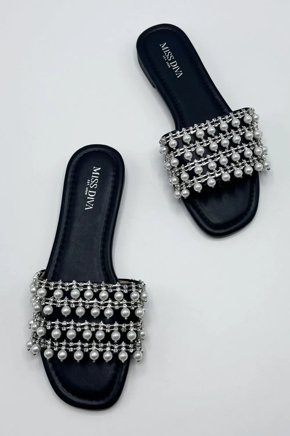 Tiana Diamante Pearl Strap Sliders in Black