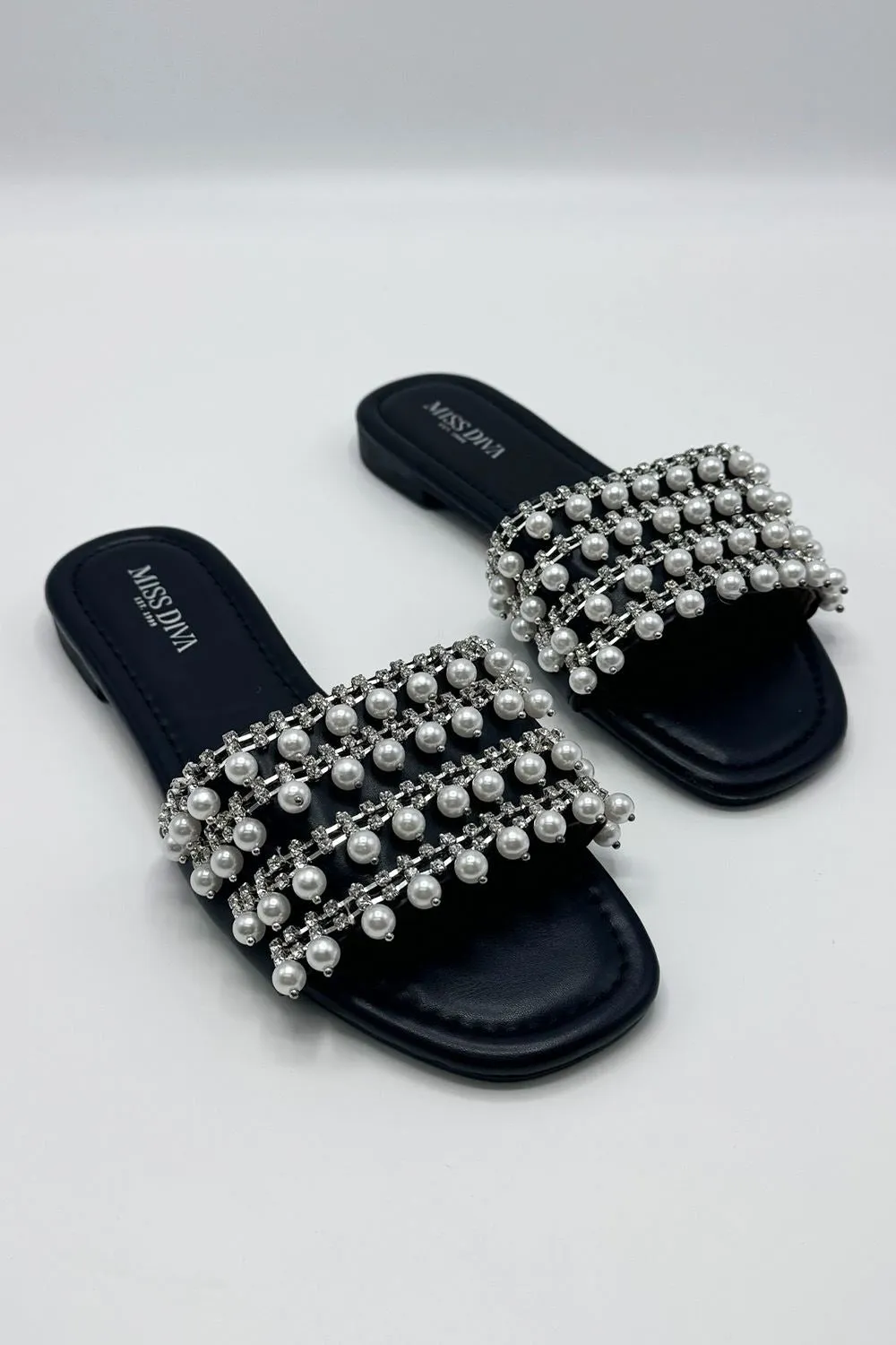 Tiana Diamante Pearl Strap Sliders in Black