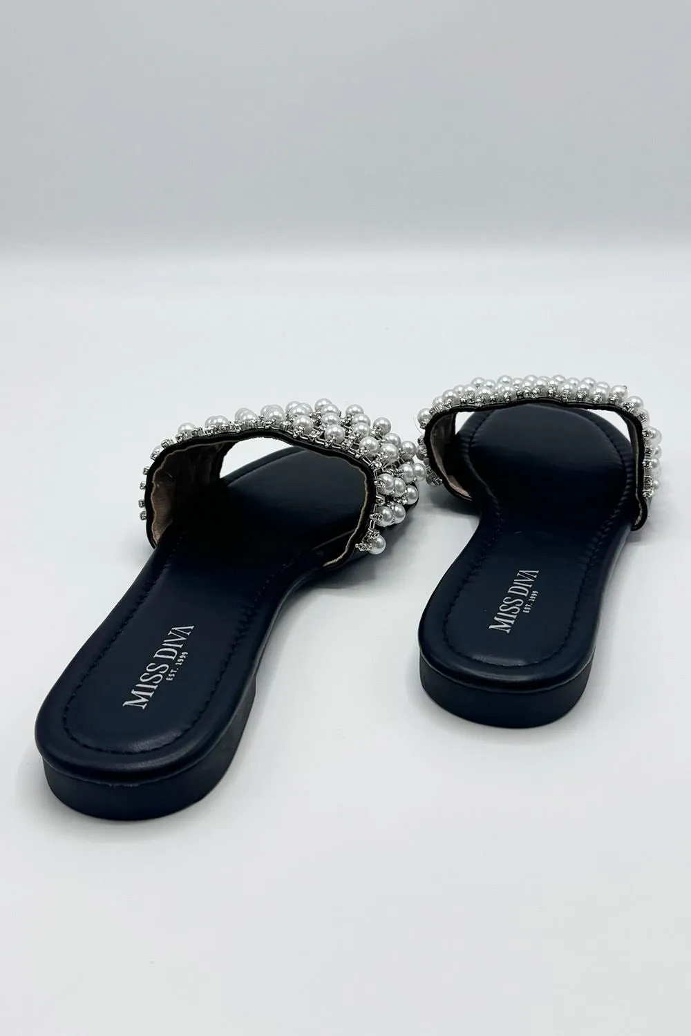 Tiana Diamante Pearl Strap Sliders in Black