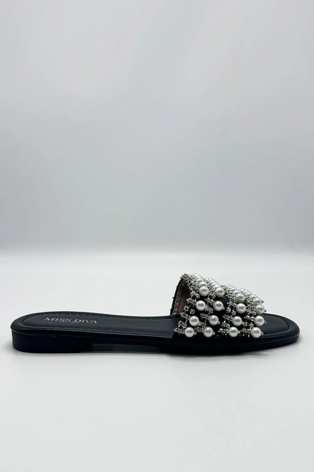 Tiana Diamante Pearl Strap Sliders in Black