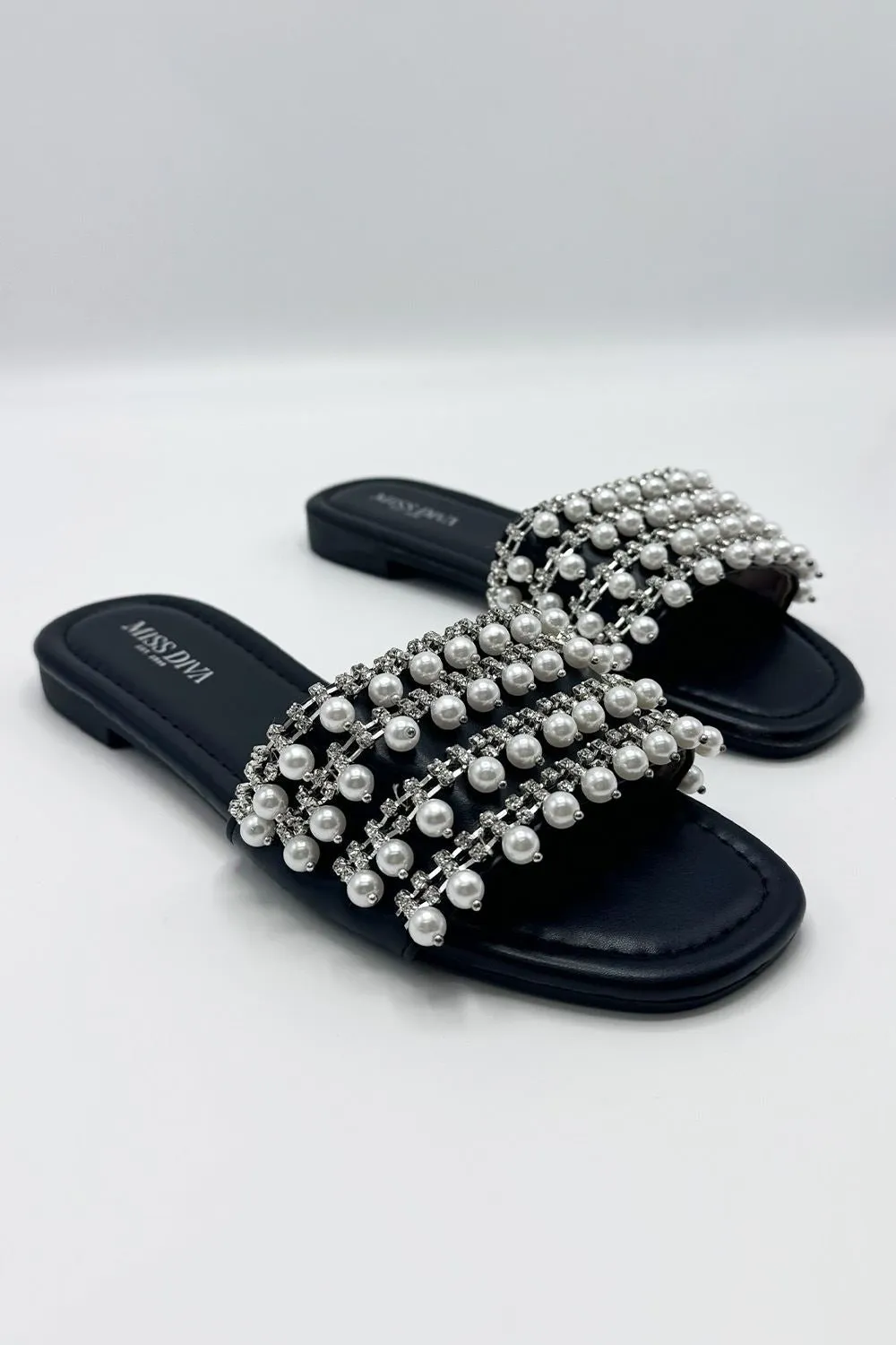 Tiana Diamante Pearl Strap Sliders in Black