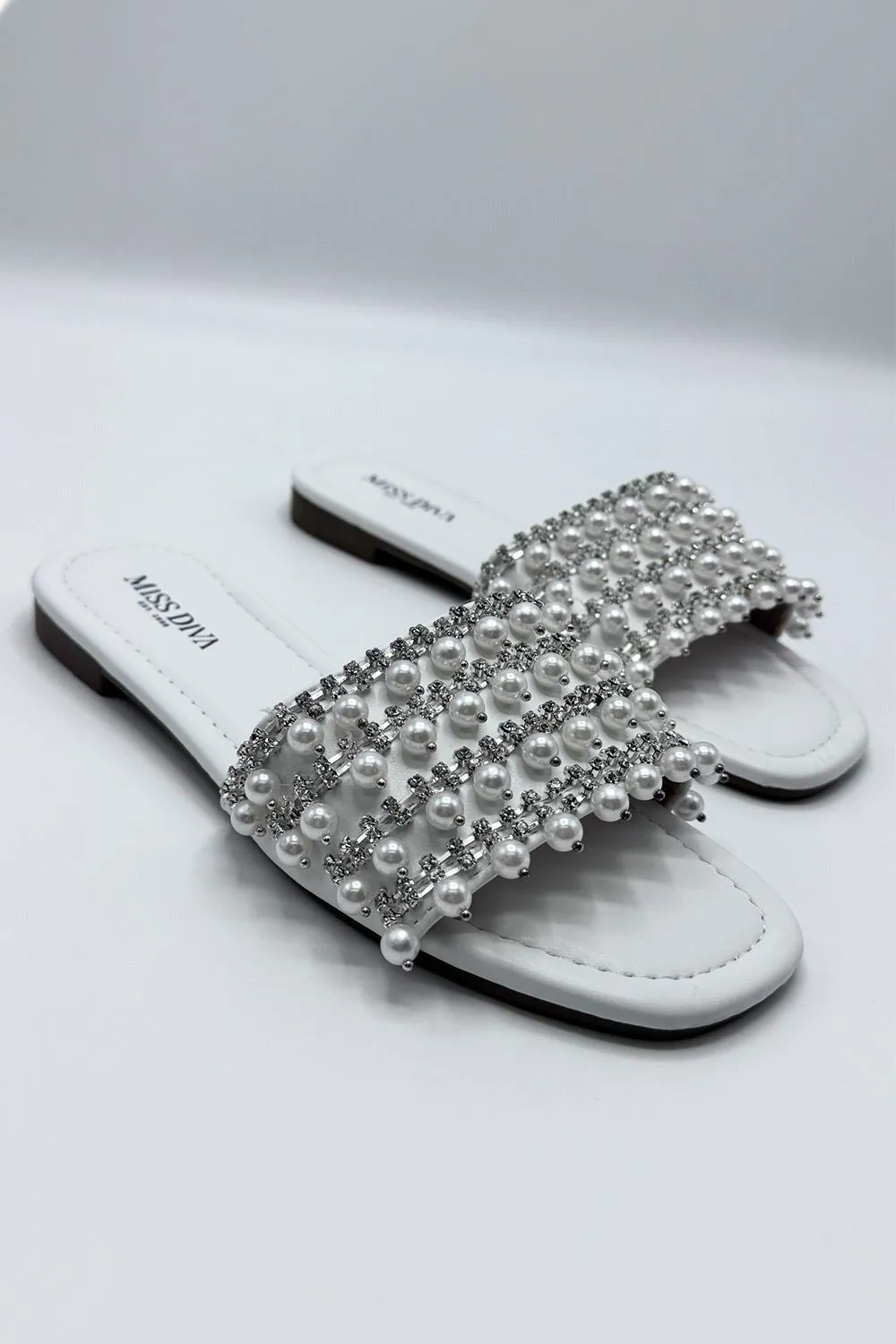 Tiana Diamante Pearl Strap Sliders in White