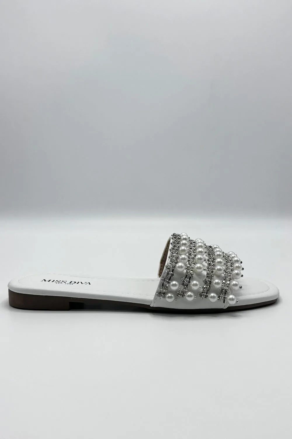 Tiana Diamante Pearl Strap Sliders in White