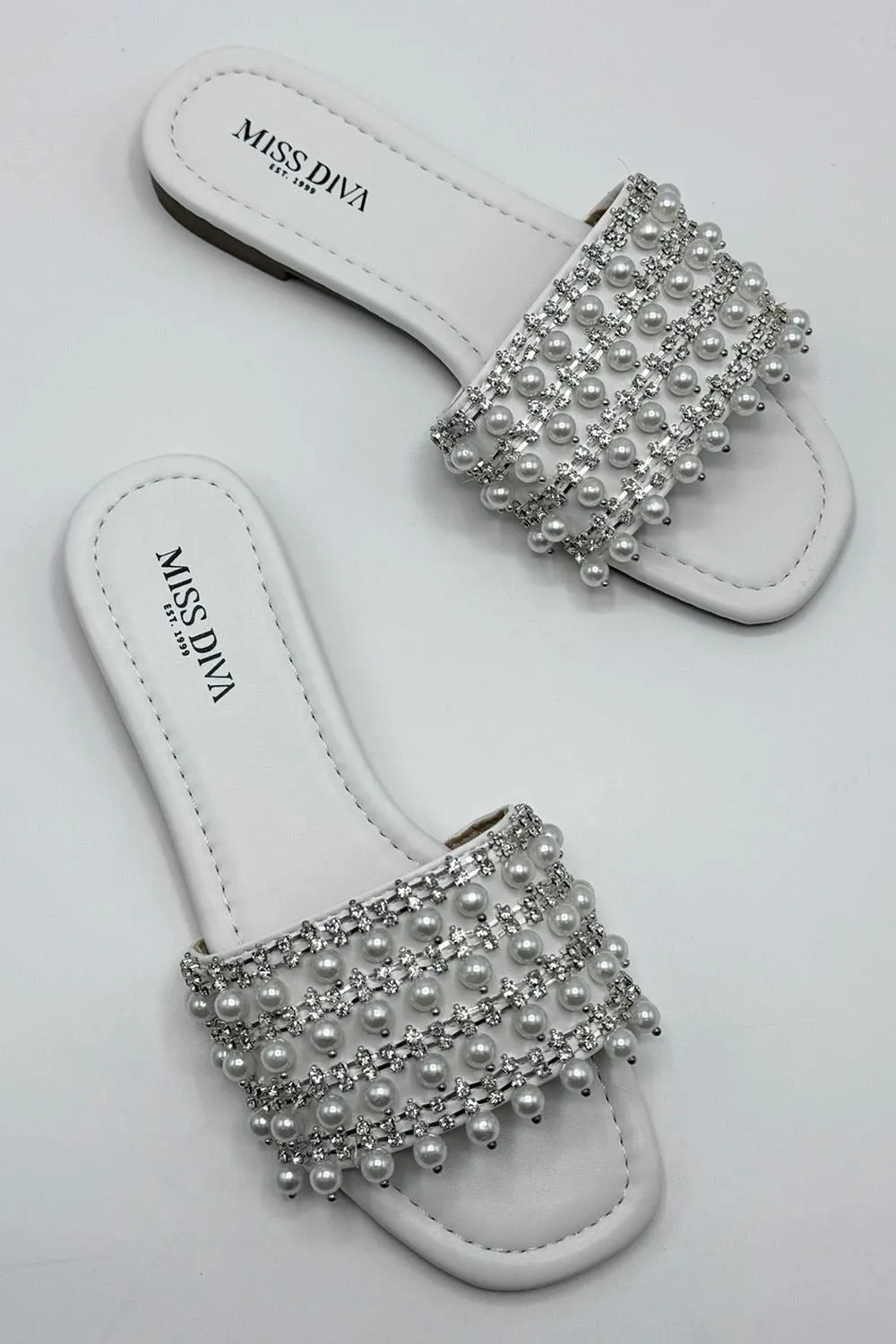 Tiana Diamante Pearl Strap Sliders in White